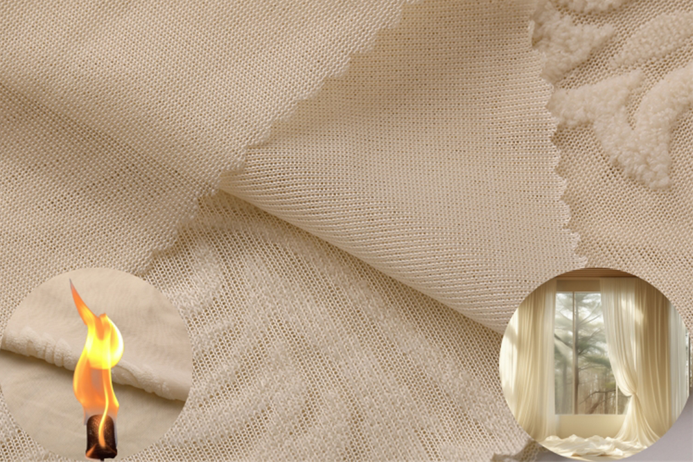 KLV-FR-005 suzhou manufacturer IFR polyester knitted sheer curtain fabric flame resistent jacquard voile fabric for living room